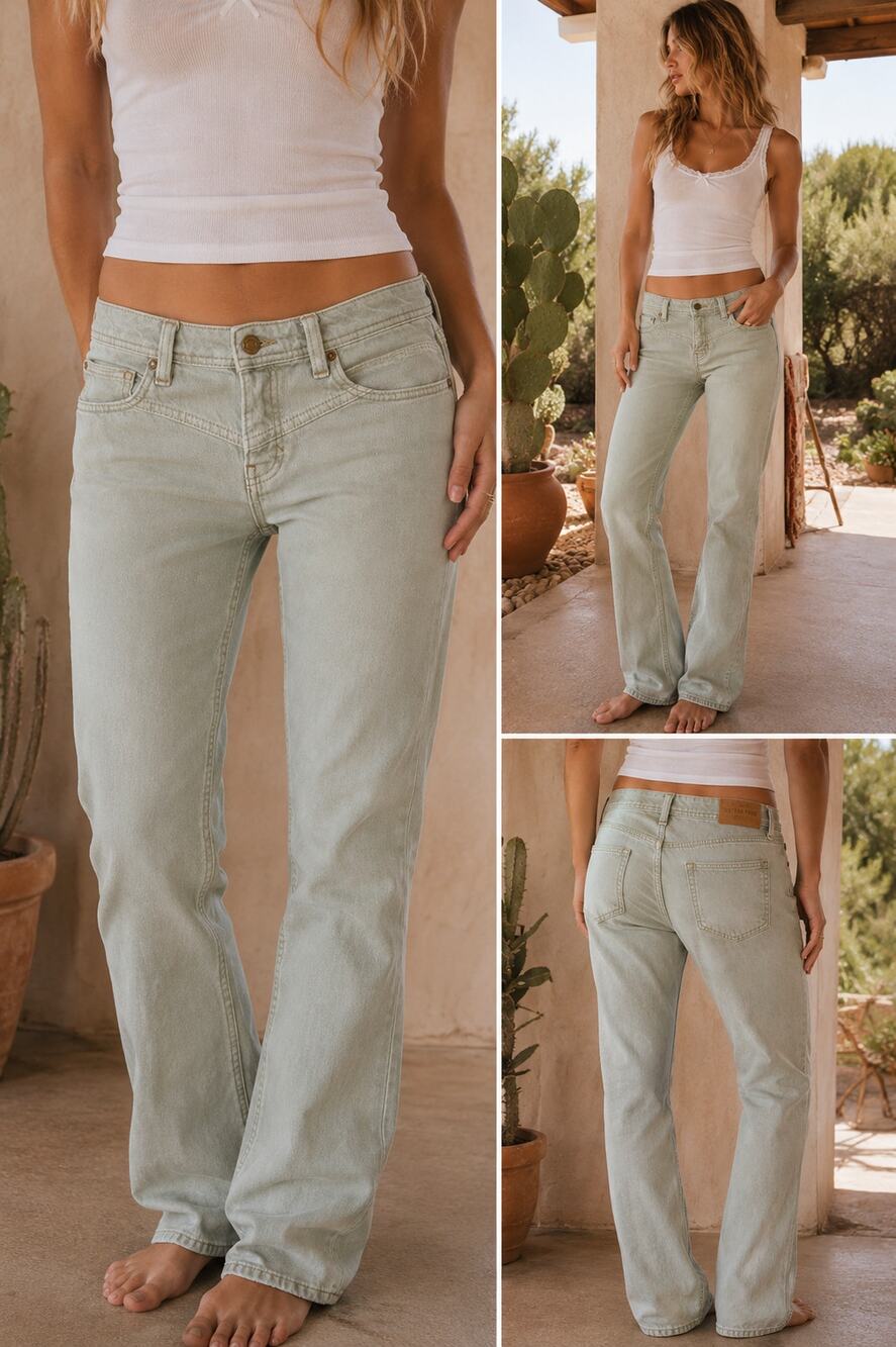 Free People We The Free Western Yoke Sage Green Low Rise Straight Denim Jeans